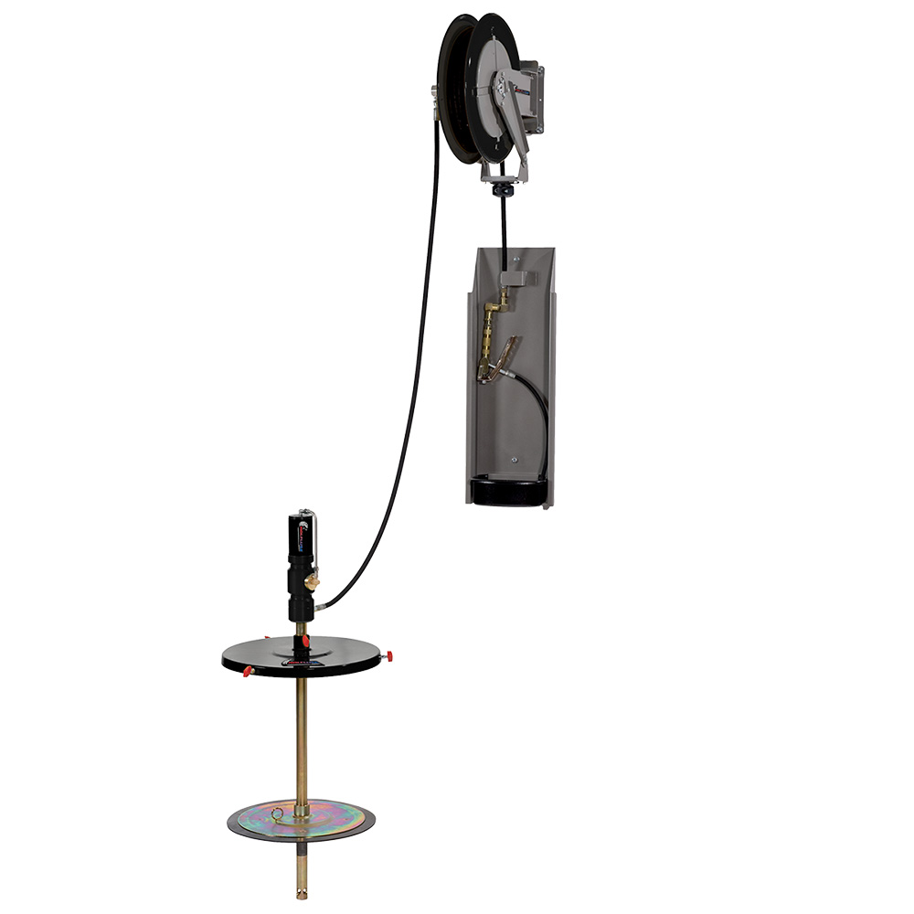 Wall Mounted Grease Kit with 60:1 pump for 120 lbs Drum - With control handle, lid, follower plate and 30' Hose Reel