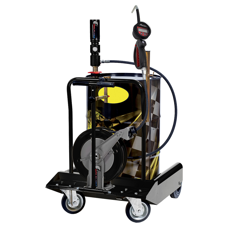 Oil Kit for 55 gal Drum with 5:1 pump, Digital Control Handle, 4 PRO Wheels Trolley and 30' Hose Reel