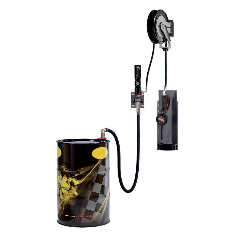 Wall Mounted Oil Kit with 5:1 drum pump, 30' hose reel and digital control handle